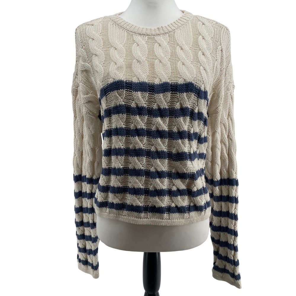 American Eagle Chunky Cable‎ Knit Sweater Womens Small Classic Ivory Blue Cotton